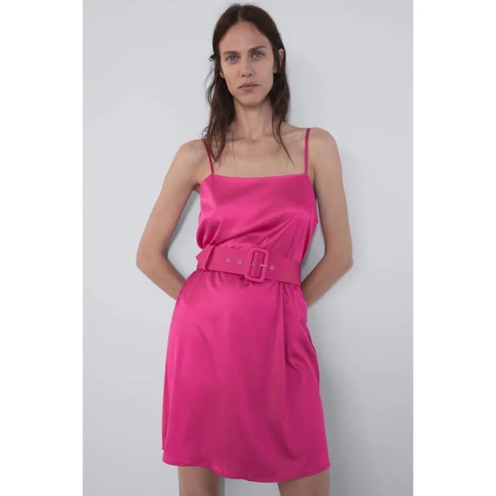 Hot pink satin dress with matching belt